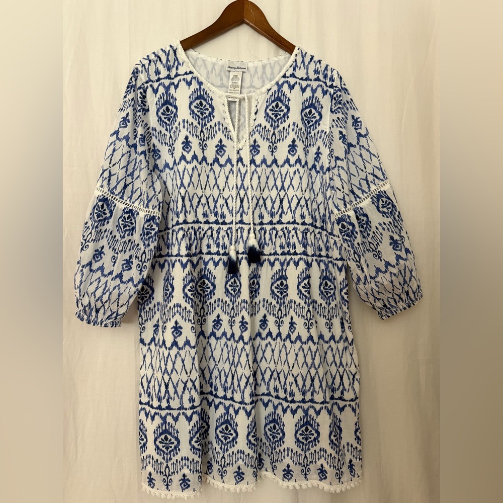 Tommy Bahama Women’s Ikat Print Swim Cover Up Dress 100% Cotton Navy White - XL - Picture 2 of 13
